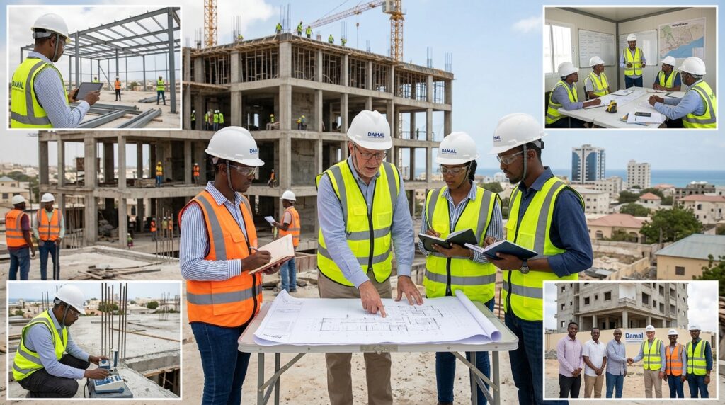 Damal engineering team reviewing project blueprints on site